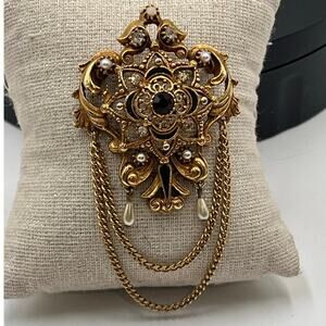 Florenza Signed Vintage Gold-ToneChatelaine Chain Pearl Victorian Dangle Brooch‎